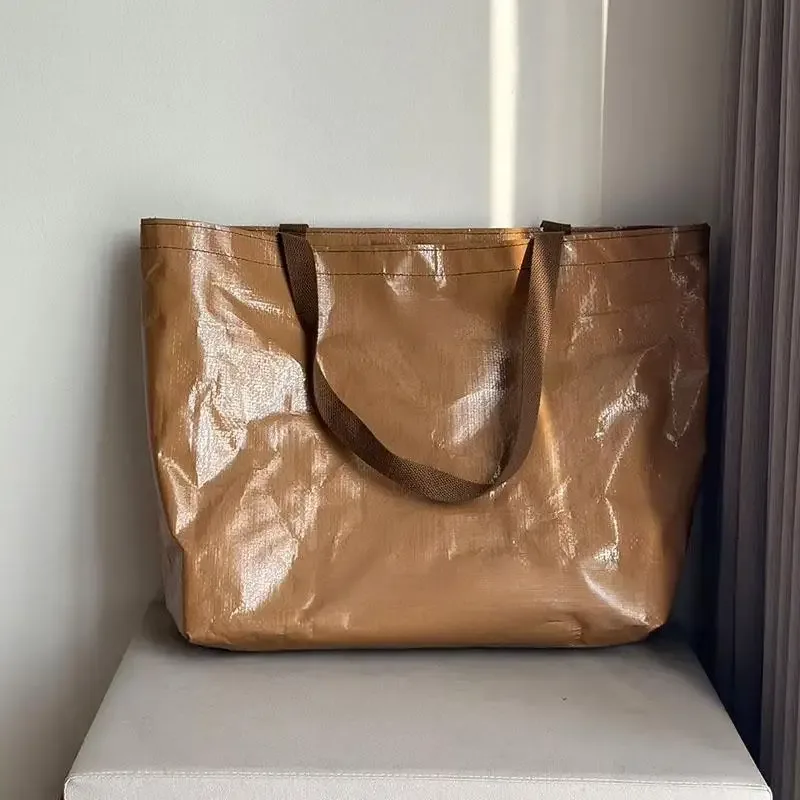 sac de courses étanche réutilisable, fourre-tout tissé pliable marron pour épicerie plage voyage organisateur de rangement sac à bandoulière léger