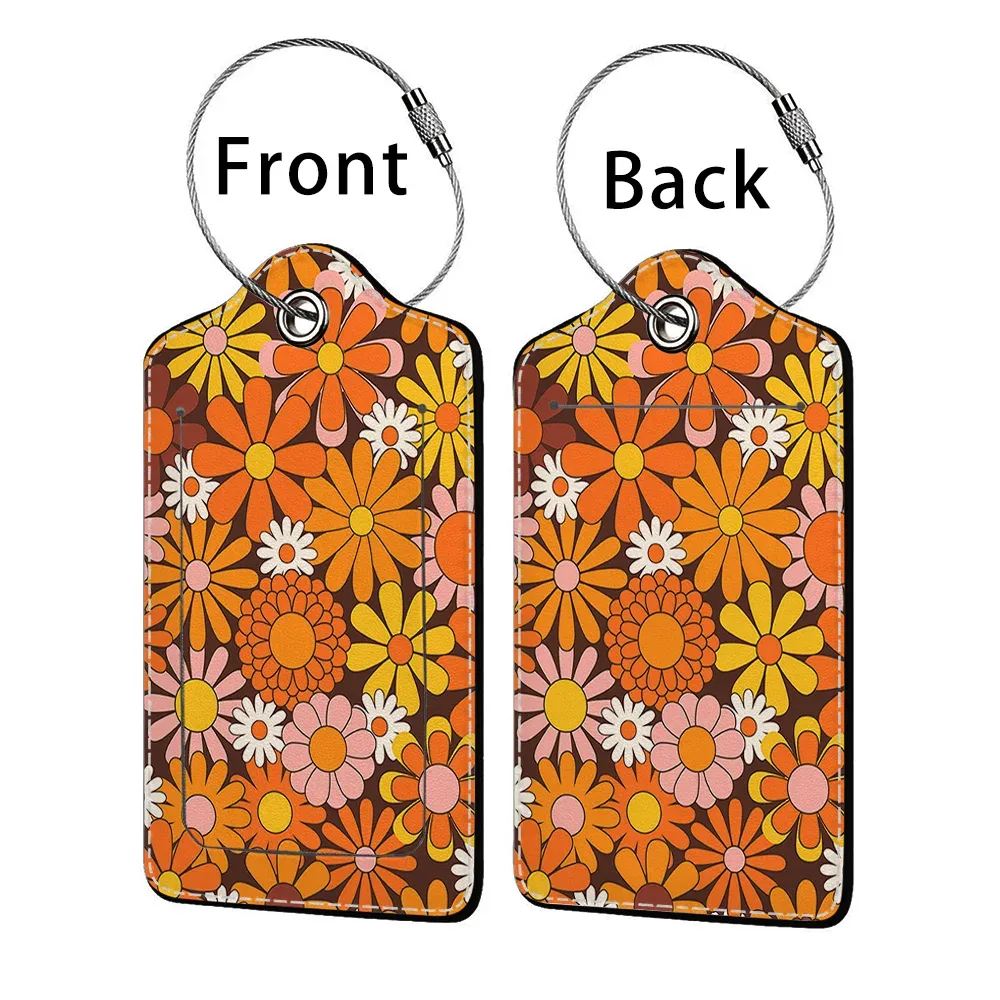 étiquette de bagage d'affaires en cuir imprimé de belles fleurs, étiquette d'adresse de valise, étui d'embarquement de bagages, clip d'adresse d'identification de nom