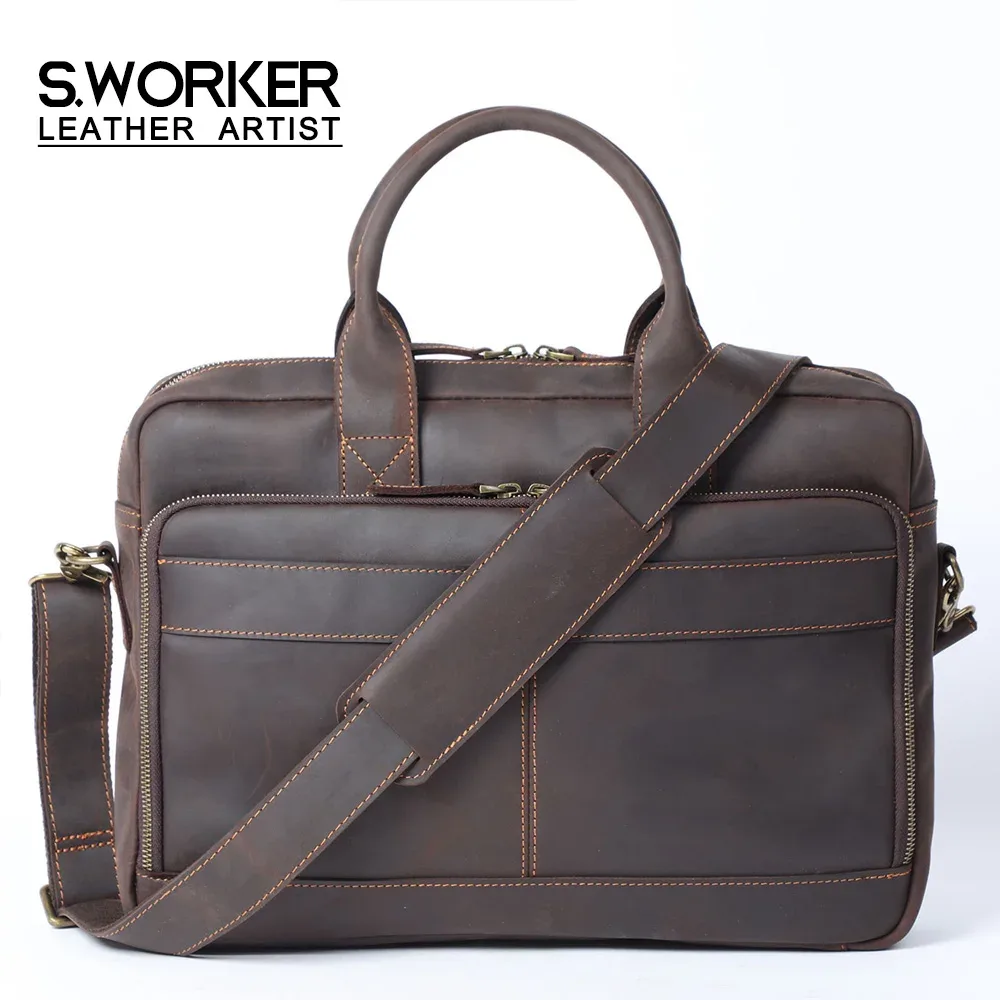 Porte-documents vintage en cuir véritable pour homme, sacoche pour ordinateur portable 15 pouces, sac à bandoulière en cuir Crazy Horse pour le travail et les affaires