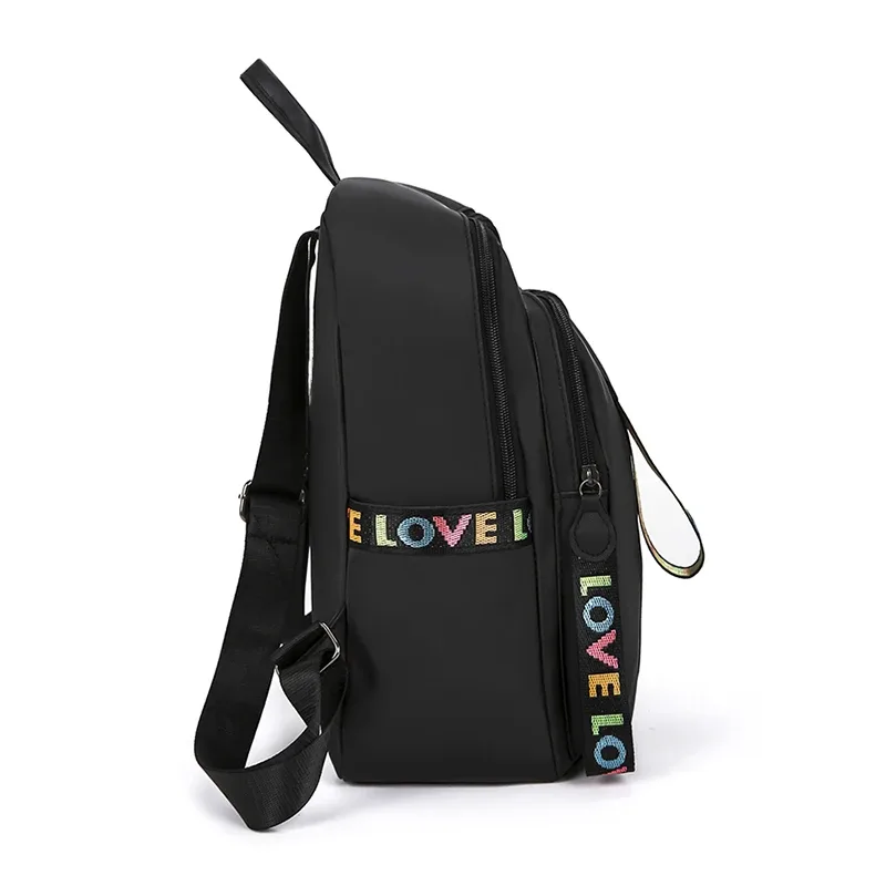 sac à dos antivol élégant grace, sac à dos portable en nylon noir avec joli ornement de lettres colorées pour femme, idéal pour le quotidien