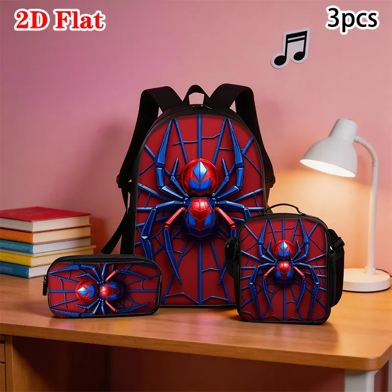 ensemble de 3 sacs à dos à motif d'araignée, légers, grande capacité, sac d'école, sac de voyage avec sac à bandoulière, trousse à crayons, cadeau parfait pour les enfants