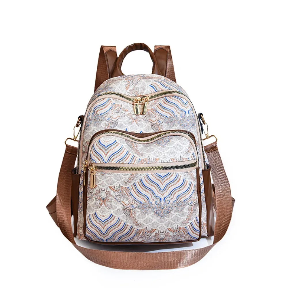sac à dos décontracté pour femmes de grande capacité, en pu, style ethnique, sac à bandoulière polyvalent, avec poignée supérieure, broderie imprimée, mini sac à dos de voyage.
