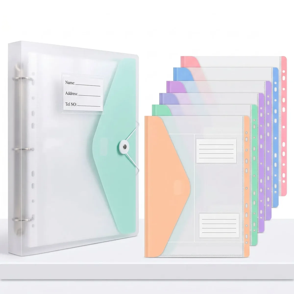 pochette de rangement transparente a4 pour documents, classeur à feuilles mobiles, sac de rangement à 11 trous avec fermeture auto-agrippante, design épuré