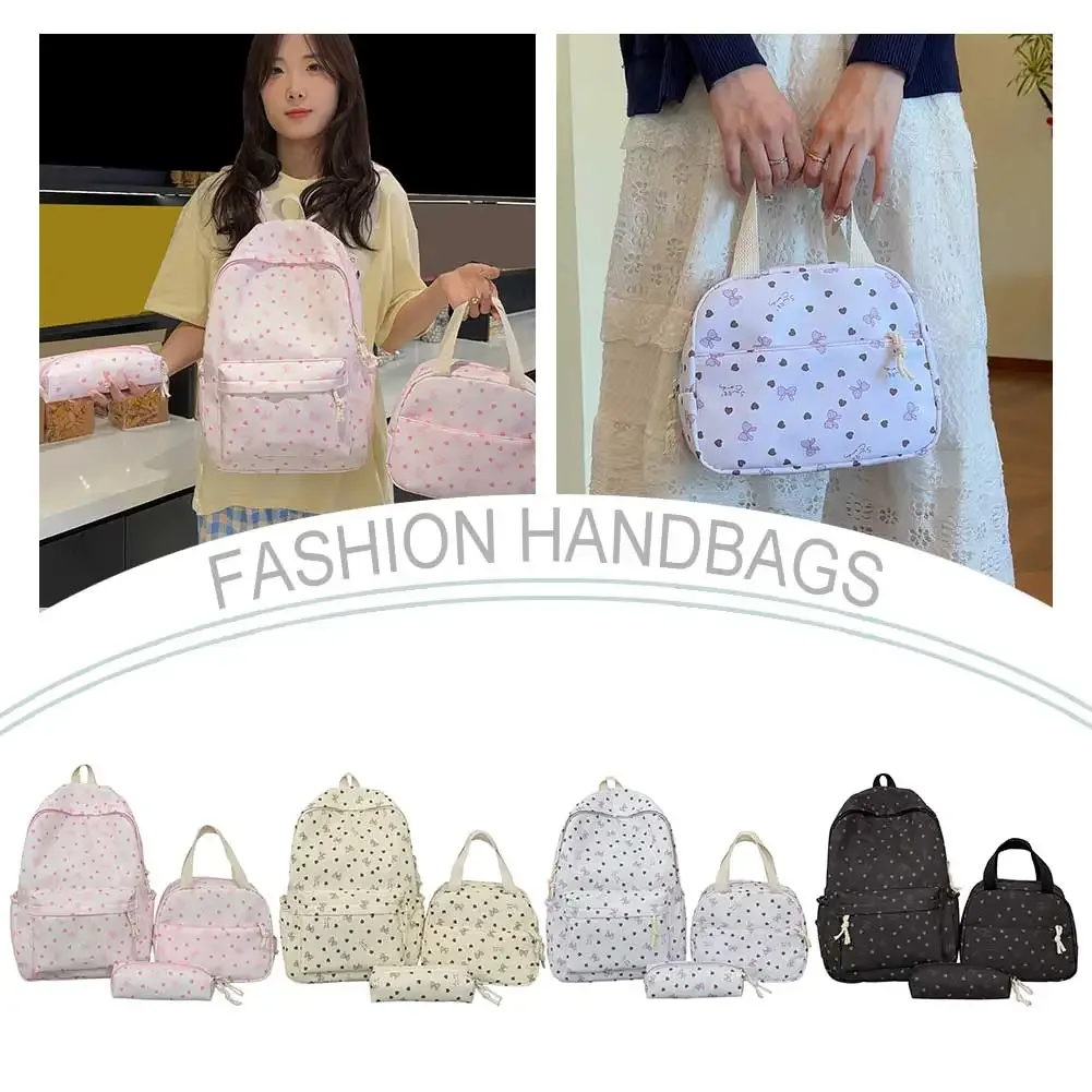 ensemble de sac à dos coquette bow love print kawaii avec boîte à lunch et trousse à crayons, sac à dos de voyage, sac d'école pour adolescentes, filles, étudiantes