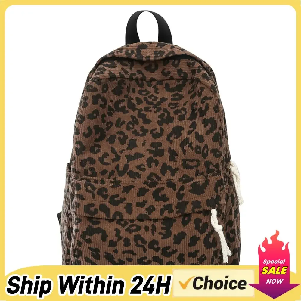 Sac à dos léopard en velours côtelé, sac à dos tendance pour étudiants, grande capacité, sac à bandoulière élégant, multi-poches, sac de voyage en plein air