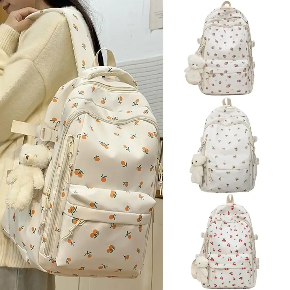 sac d'école en nylon pour étudiants, motif floral, style preppy, sac à dos pour femmes avec pendentif, grande capacité, sac à dos de voyage