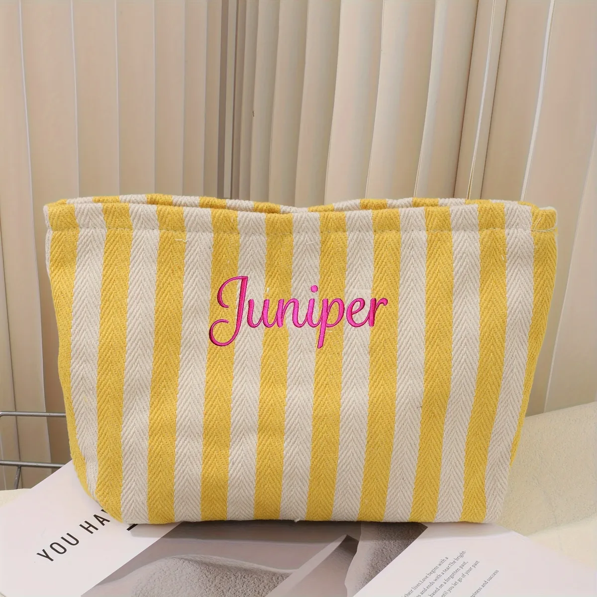 trousse de maquillage rayée personnalisée, broderie du nom, pochette cosmétique, grande capacité, organisateur de toilette de voyage, cadeau pour femmes