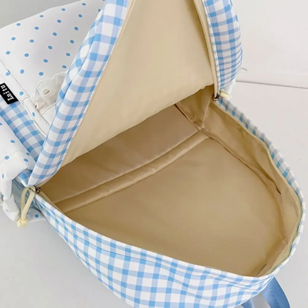 sac à dos tendance à pois, avec nœud et bordure en dentelle à carreaux, léger, grande capacité, pour usage quotidien.