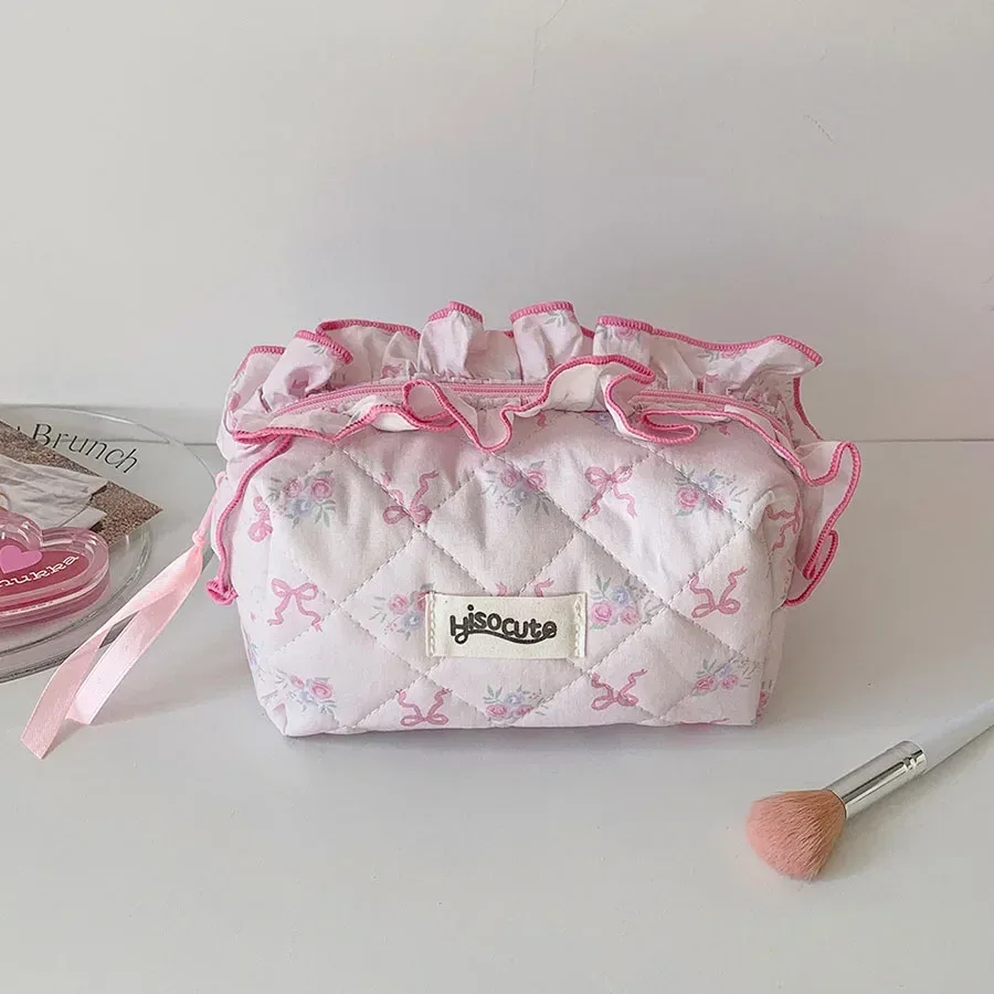 trousse de maquillage en coton matelassé avec nœud mignon pour femmes et filles, organisateur de cosmétiques portable à fermeture éclair, sac à main en tissu, trousse de toilette