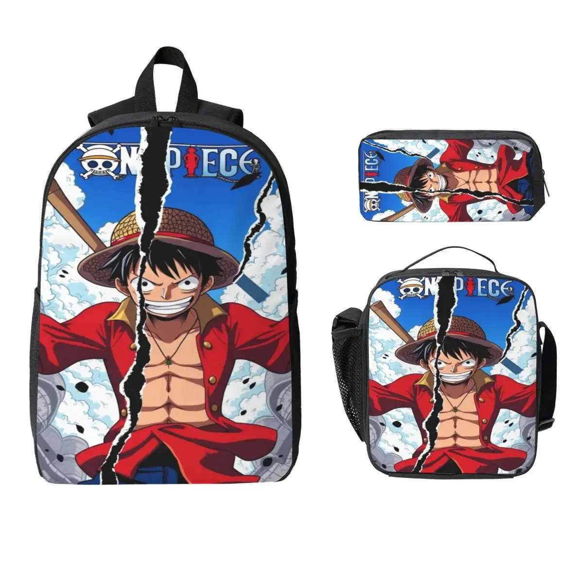 ensemble de 3 sacs à dos luffy one piece pour enfants, avec trousse à crayons, sac à livres et boîte à lunch pour les élèves.