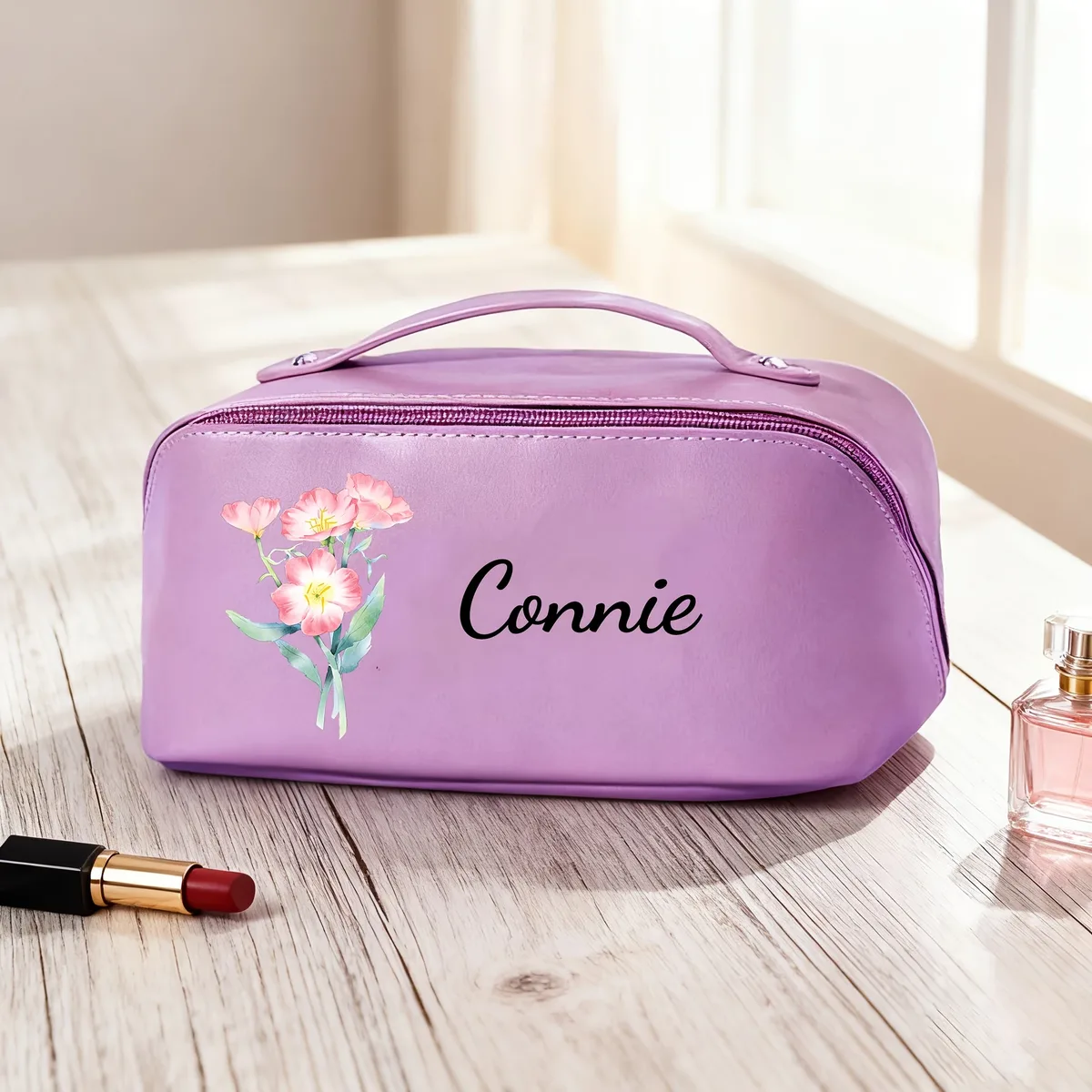 trousse de maquillage personnalisée avec fleurs et nom, trousse de maquillage à fermeture éclair, trousse de maquillage grande capacité pour femmes