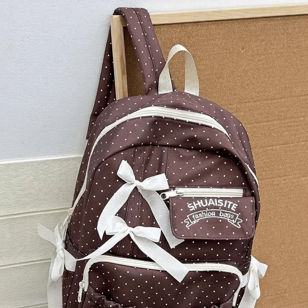 sac à dos en nylon à pois avec nœud, multi-compartiments, grande capacité, fermeture éclair, doublure en polyester, sac à dos de voyage