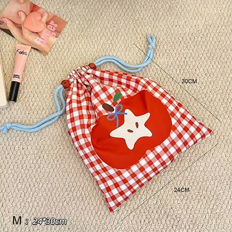 sac de rangement mignon à cordon de serrage, grande capacité, motif écossais rouge, organisateur de voyage pour vêtements et cosmétiques, pochette portable en tissu avec porte-clés apple