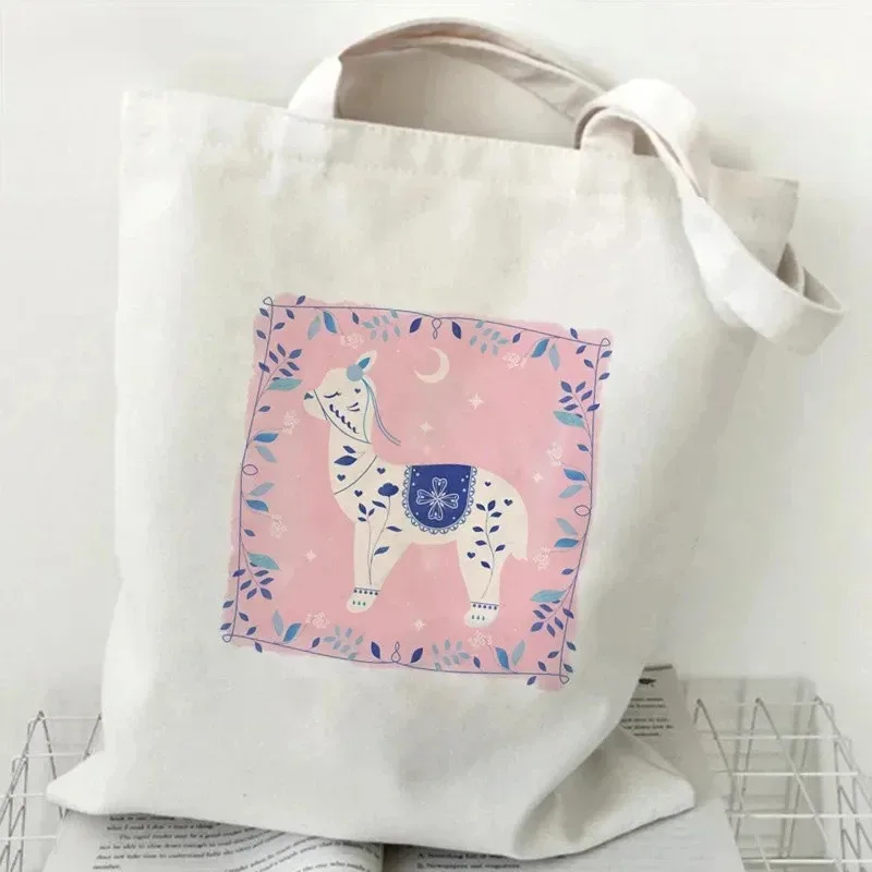sac à main à motif d'alpaga mignon, imprimé animal de dessin animé, grande capacité, sac de shopping blanc, sac à bandoulière pour femme