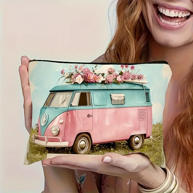happy camper trousse de maquillage vintage pour remorque de voyage avec accents floraux pochette cosmétique légère en polyester pour voyage et camping