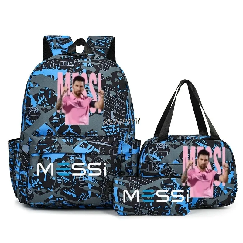 sacs à dos de voyage et d'extérieur imprimés football messi pour femmes et filles, avec sacs à lunch, légers, pour adolescents, pour ordinateur portable, mochila