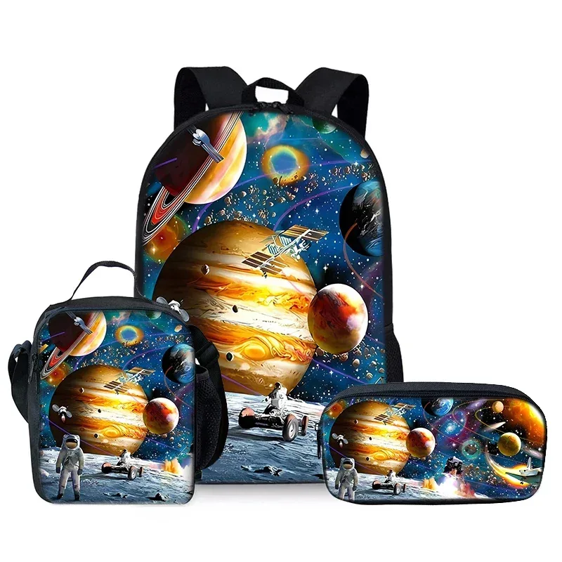sacs à dos de la série space planet en trois pièces pour garçons et filles, meilleurs cadeaux, sac à dos scolaire 2d plat de dessin animé pour enfants