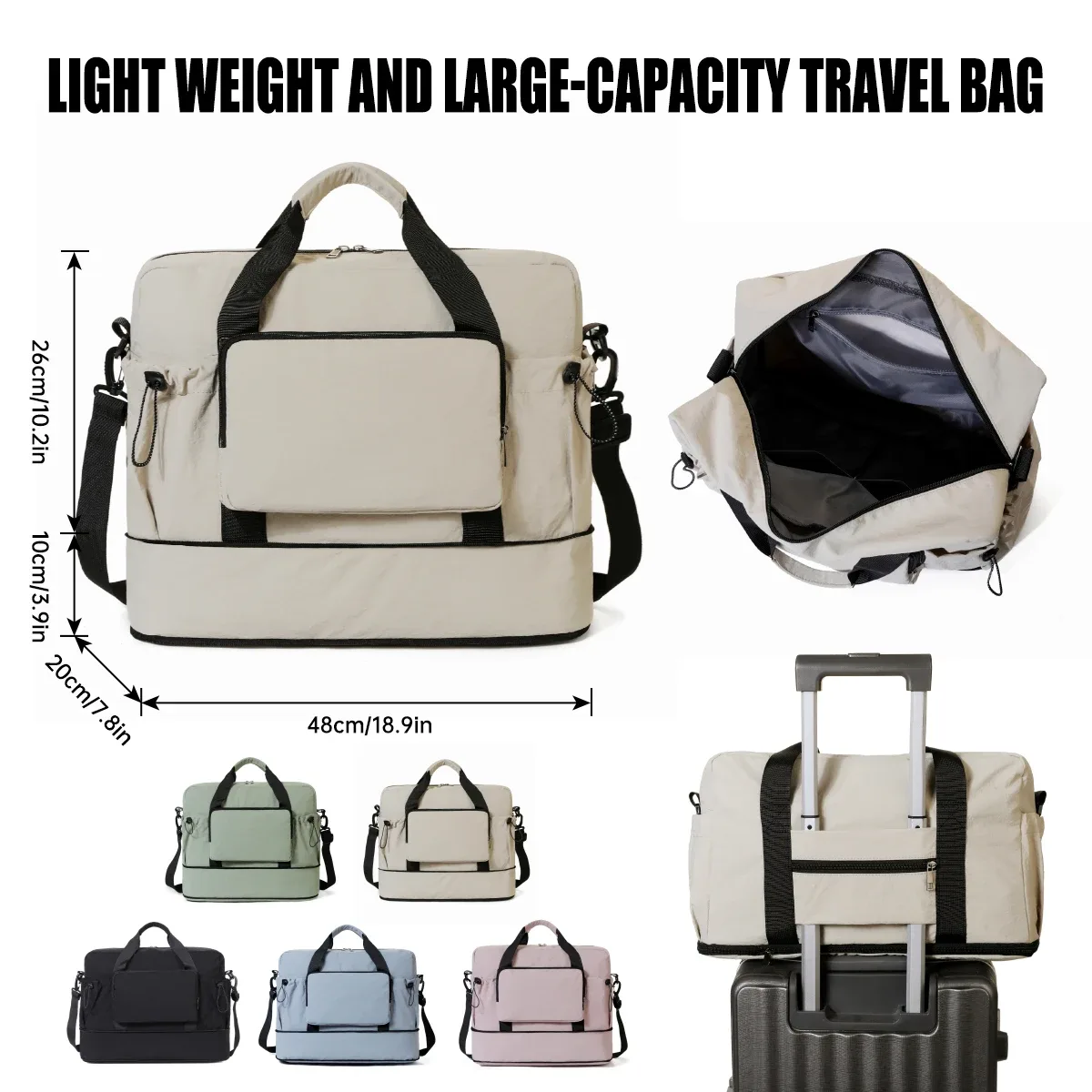 sac de voyage de grande capacité pour les courts voyages, sac de rangement pour bagages, sac de sport léger et portable pour femmes, extensible et peut être fixé à une valise trolley