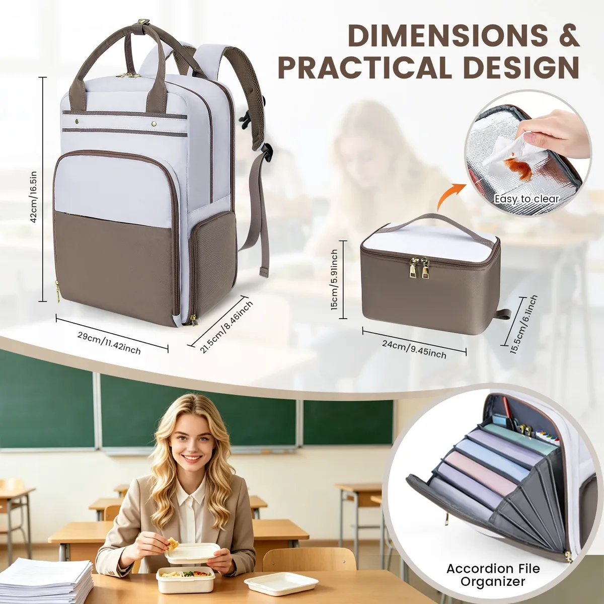 sac à dos repas avec pochette accordéon pour documents, sacoche d'ordinateur portable pour trajets professionnels, sac à dos isotherme pour pique-nique et camping en extérieur