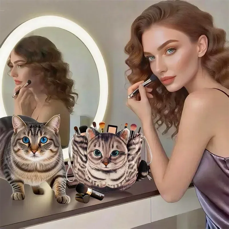 sac de rangement cosmétique en forme de chat, pochette de rangement de maquillage/soin de la peau de taille de voyage mignonne avec fermeture à cordon, sac cadeau pour les amoureux des chats