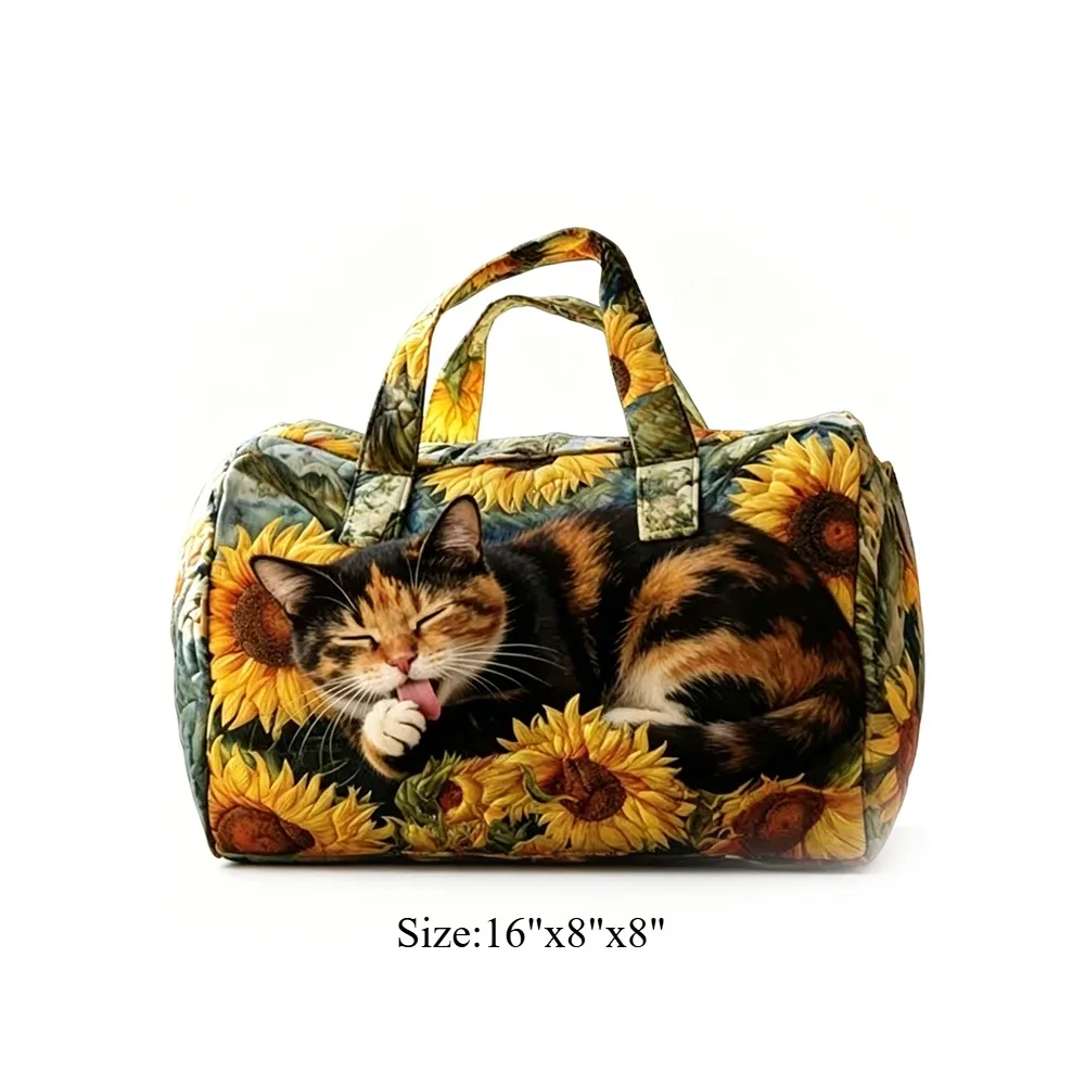 sac de voyage matelassé, sac de week-end, motif floral tropical chat mignon, bagage à main léger pour la plage, les vacances, les fêtes et le sport