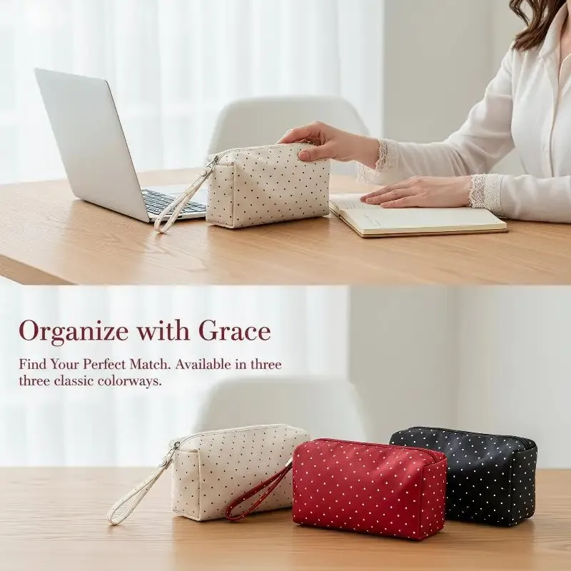 trousse de toilette grande capacité à fermeture éclair en twill à pois, portable, pour étudiants, dortoir et voyage