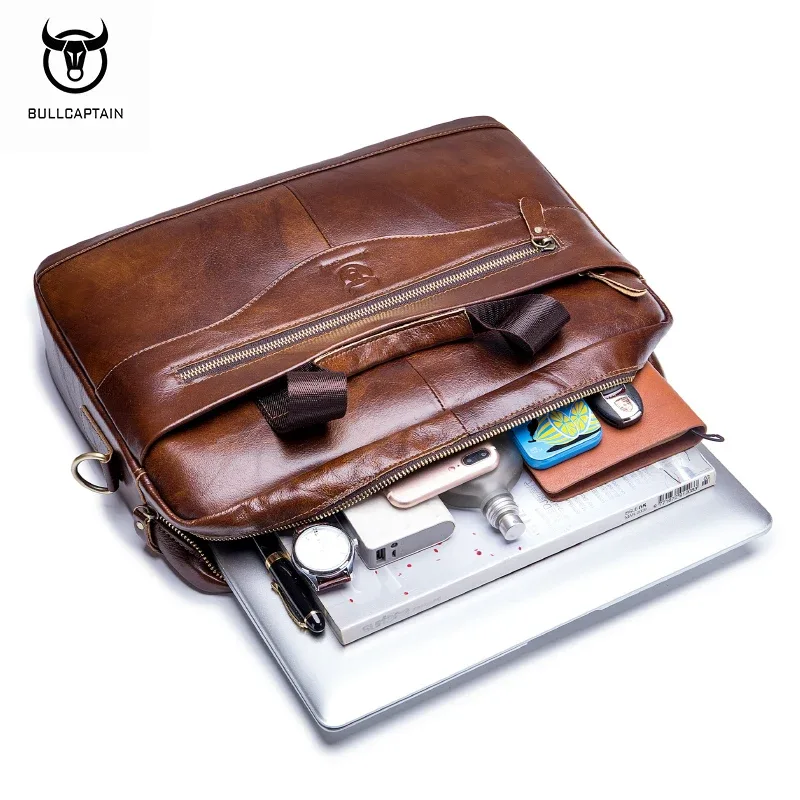 bullcaptain nouvelle mallette d'affaires en cuir de vache pour hommes/sac messager rétro en cuir pour hommes/sac d'affaires de loisirs de grande capacité/sac à main