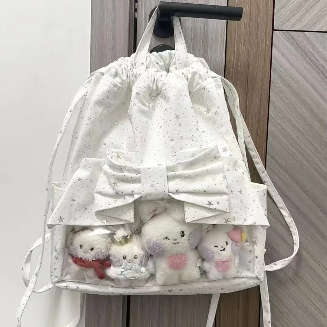 Sac à dos Ulzzang Ita Bag japonais avec cordon de serrage, motif nœud, grande capacité, polyvalent, pour femme, style doux et mignon
