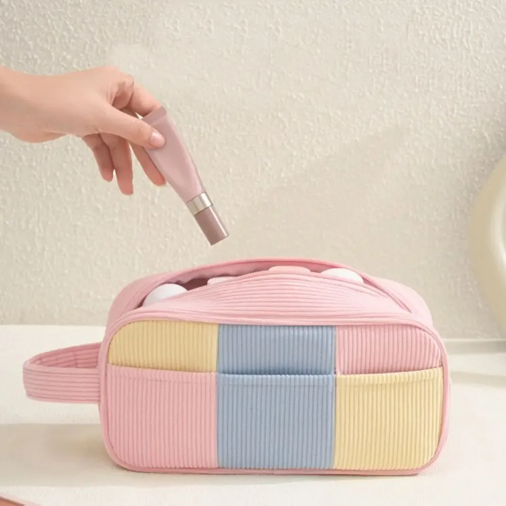 sac à cosmétiques pour femmes de style cartoon, grande capacité, couleur macaron, étui de rangement pour maquillage, design rayé, léger, sac de voyage pour cosmétiques