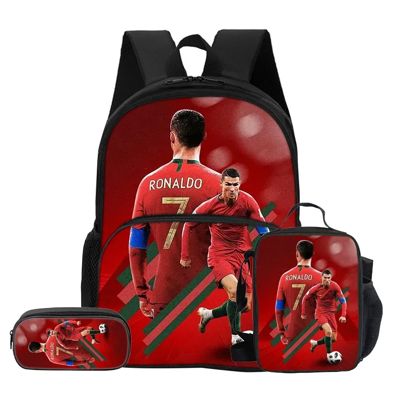 ensemble de 3 pièces avec sac à dos à poche avant ronaldo, sac isotherme pour le déjeuner, trousse à crayons cr, sac à dos de star du football