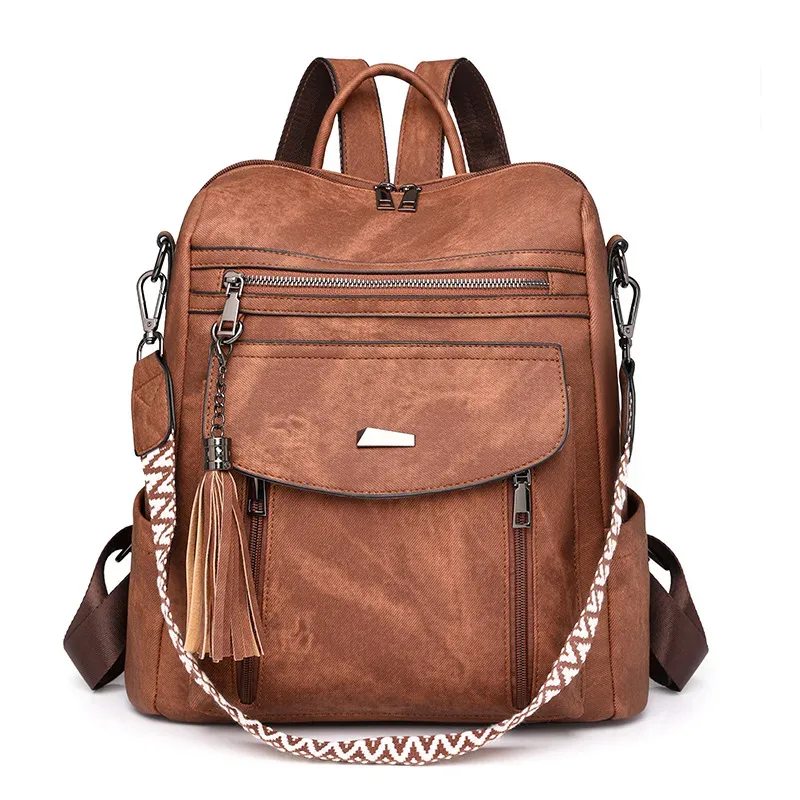 sac à dos en cuir pu pour femmes, étanche, antivol, grande capacité, détail pompon, rétro, voyage, affaires, collège, sac à bandoulière, 2025