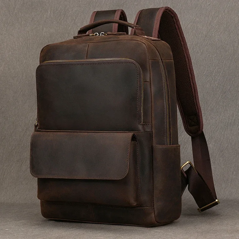 elin-sac à dos en cuir de cheval pour homme, sac à dos en cuir véritable pour ordinateur portable, sac de voyage, sac d'école pour homme d'affaires