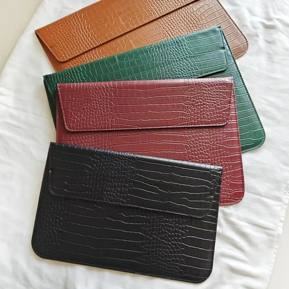 étui pour ordinateur portable en cuir pu effet crocodile personnalisé avec logo gravé, pour hommes et femmes, 13, 14, 15 pouces, compatible air pro, avec support intégré