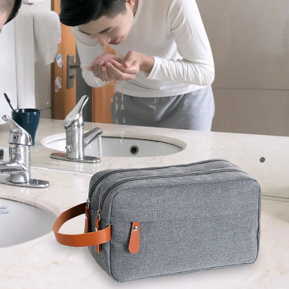 trousse de toilette de voyage couleur unie double couche portable pour homme avec compartiments grande capacité