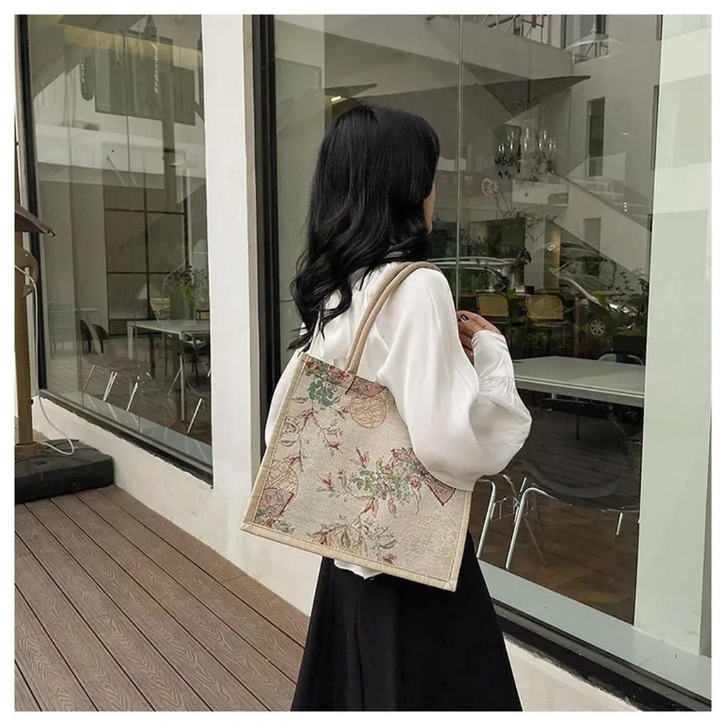 sac fourre-tout en lin élégant pour les trajets quotidiens, sac à main de grande capacité, sac fourre-tout chinois léger pour les rendez-vous, l'école et les trajets quotidiens
