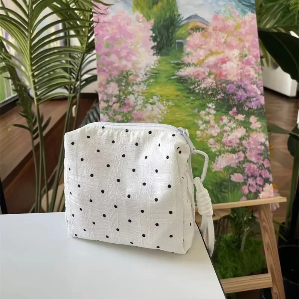 trousse de maquillage portable à pois noirs style doux grande capacité sac de toilette pochette de rangement à fermeture éclair organisateur cosmétique