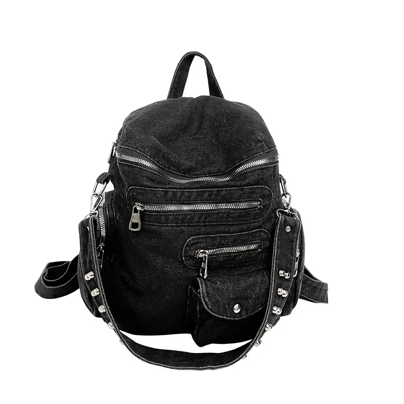 sac à dos décontracté en jean délavé à double bandoulière avec rivets, respirant, capacité 20-35l, idéal pour les cours, les trajets quotidiens et la rentrée scolaire