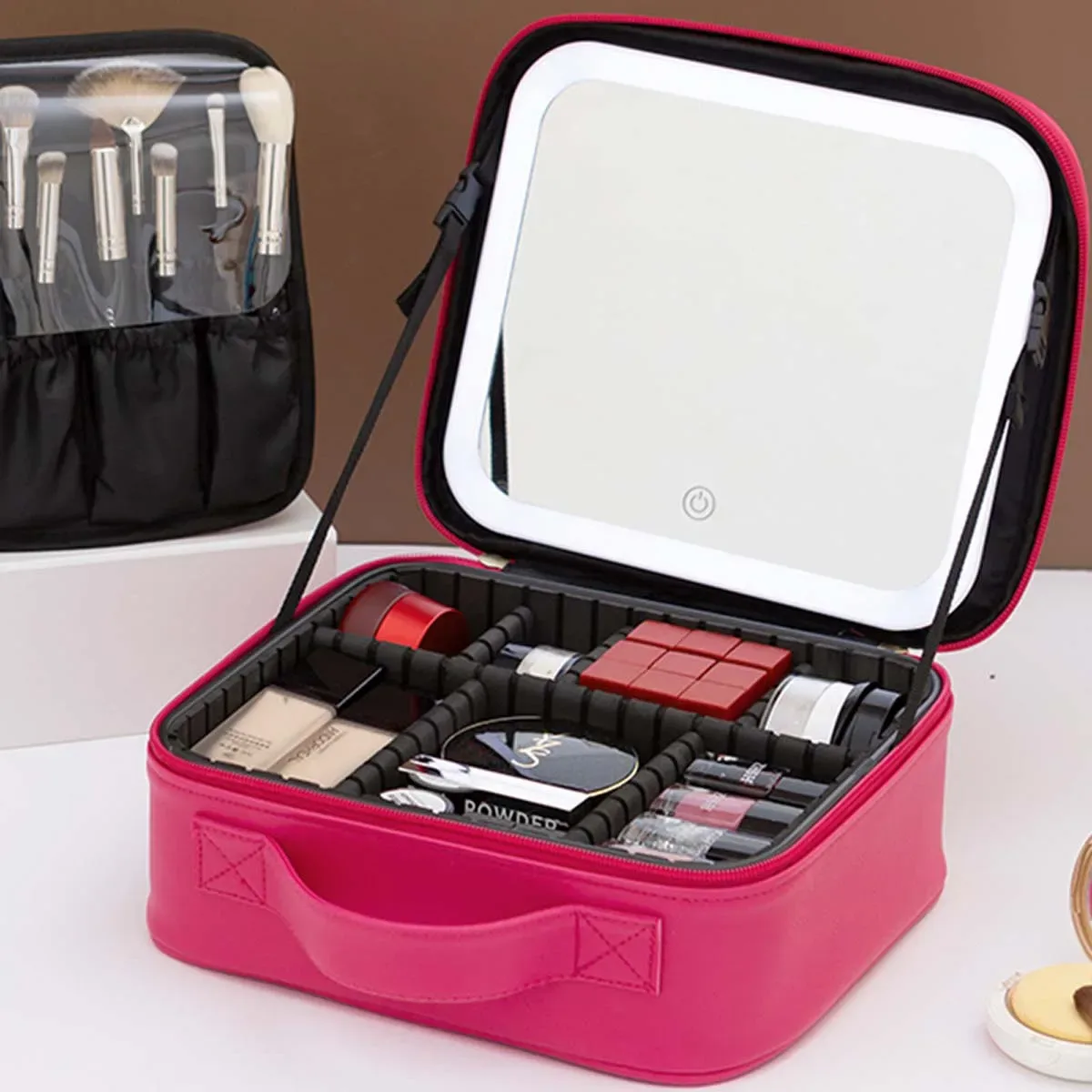 trousse de maquillage de voyage à lumière led avec miroir, grande capacité, sac de rangement avancé, étui de rangement portable, serrure à combinaison