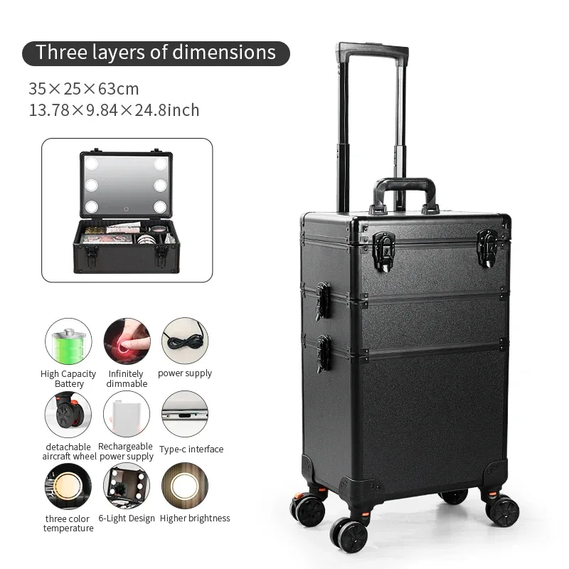 organisateur de maquillage avec lumières led mrirror-grand chariot à cosmétiques, trousse de salon et de barbier chariot roulant pour coiffeurs