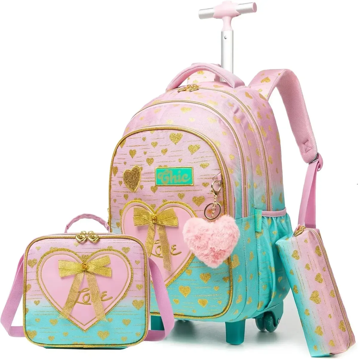 ensemble de sac à dos à roulettes pour enfants avec boîte à lunch, sac à dos scolaire à roulettes, sac à dos trolley pour filles