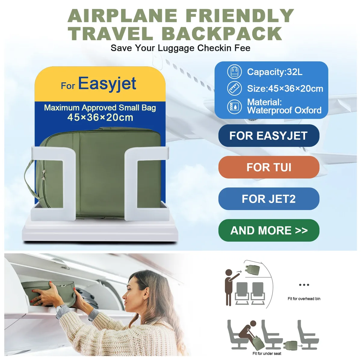 easyjet cabine sac 45x36x20 sac à dos, voyage sac à dos femme ryanair avec avion sac à dos bagage à main ordinateur portable homme sac à dos