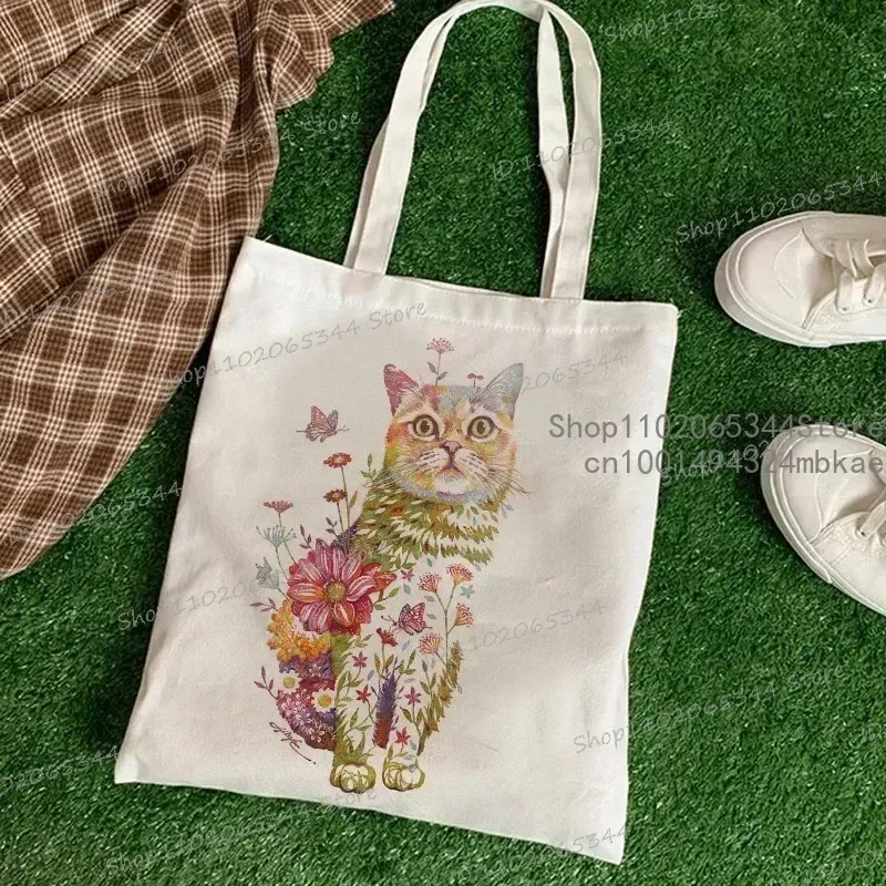 sac à main chat et fleur pour femmes, vintage, esthétique, design chaton, sacs de shopping, fourre-tout réutilisable pour adolescentes, sac à bandoulière