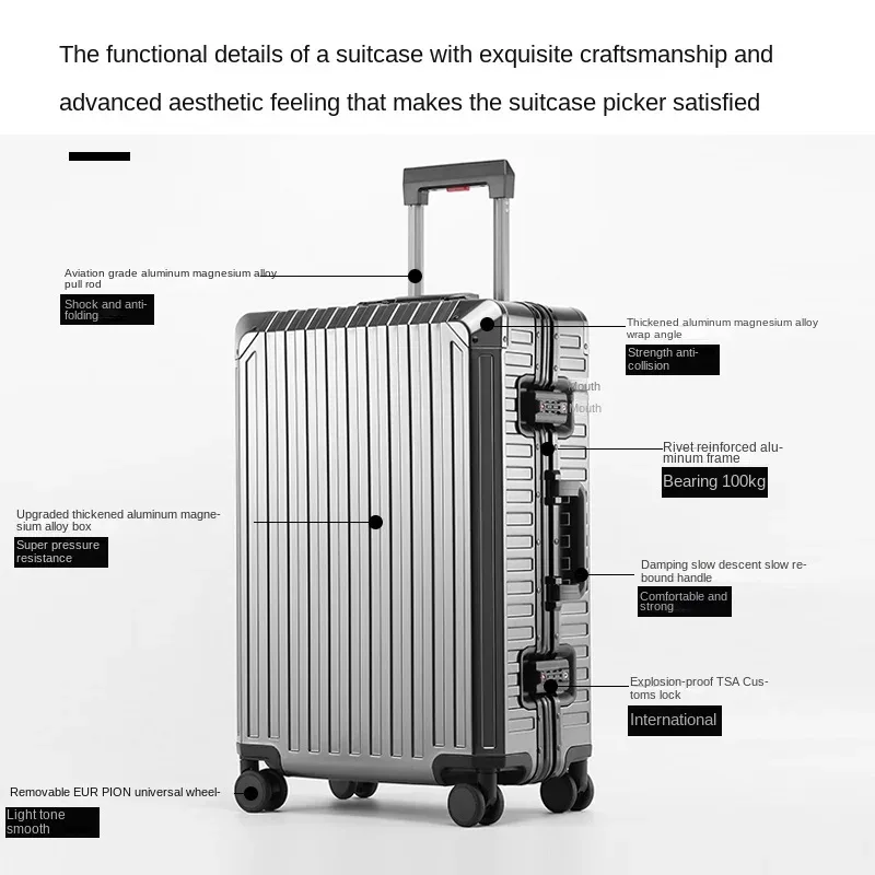 valise de voyage à roulettes en alliage d'aluminium-magnésium, sac d'embarquement universel avec roue et mot de passe, 100%