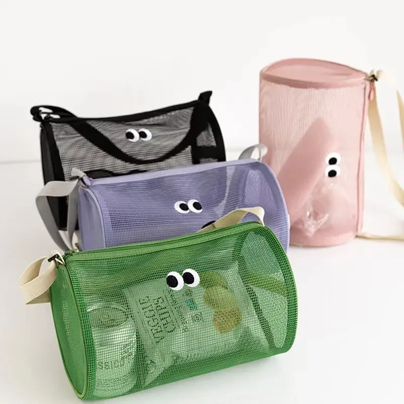 Sac de plage tendance, sac de natation bandoulière, sac de voyage cylindrique en maille ajourée pour articles de toilette