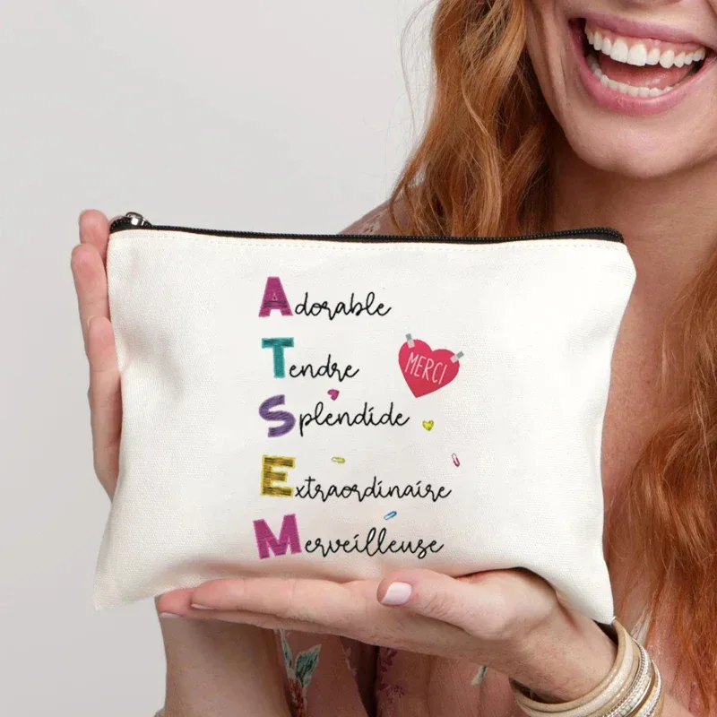 trousse à cosmétiques i am the best atsem in the world, sac en toile imprimé, voyage simple, soins de la peau, rangement de produits, trousse de toilette, cadeau atsem