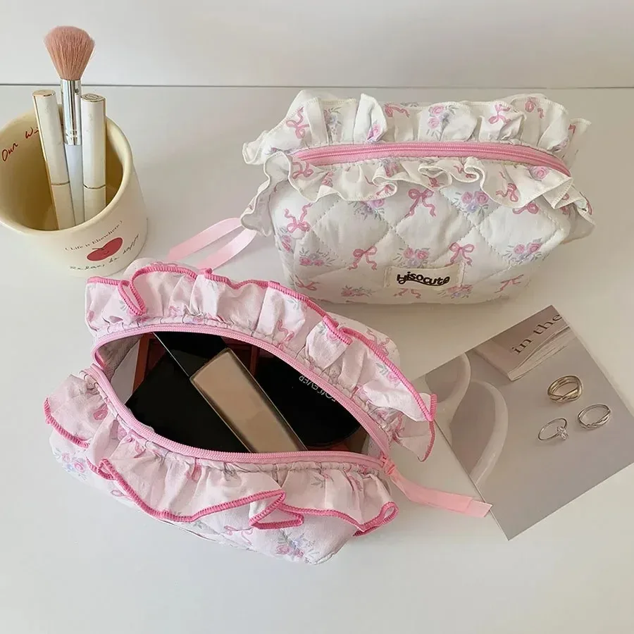 trousse de maquillage en coton matelassé avec nœud mignon pour femmes et filles, organisateur de cosmétiques portable à fermeture éclair, sac à main en tissu, trousse de toilette