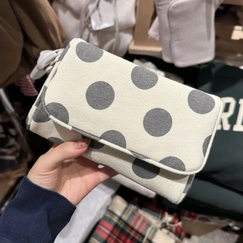 Sac de maquillage en toile à pois de style coréen, avec miroir intégré, sac de rangement portable pour voyage quotidien, sac à rabat élégant et raffiné pour le shopping