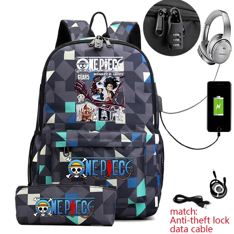 sac à dos d'étudiant imprimé one piece luffy, sac d'école décontracté antivol avec trousse à crayons pour garçons et filles
