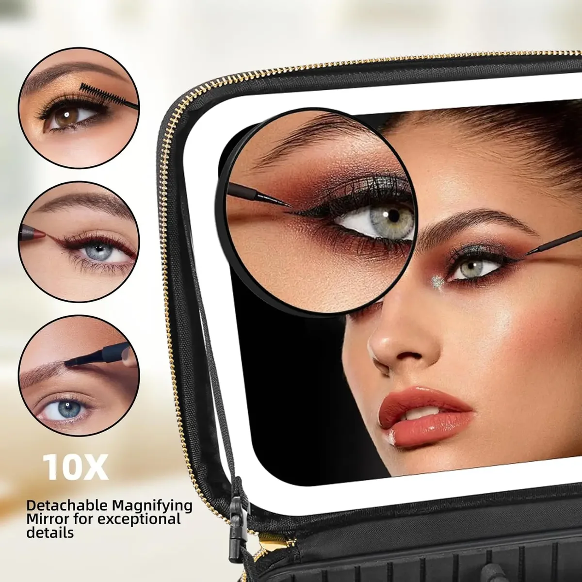 trousse de maquillage de voyage avec miroir d'une mallette de train portable éclairée par led avec séparateurs réglables et miroir grossissant détachable 10x