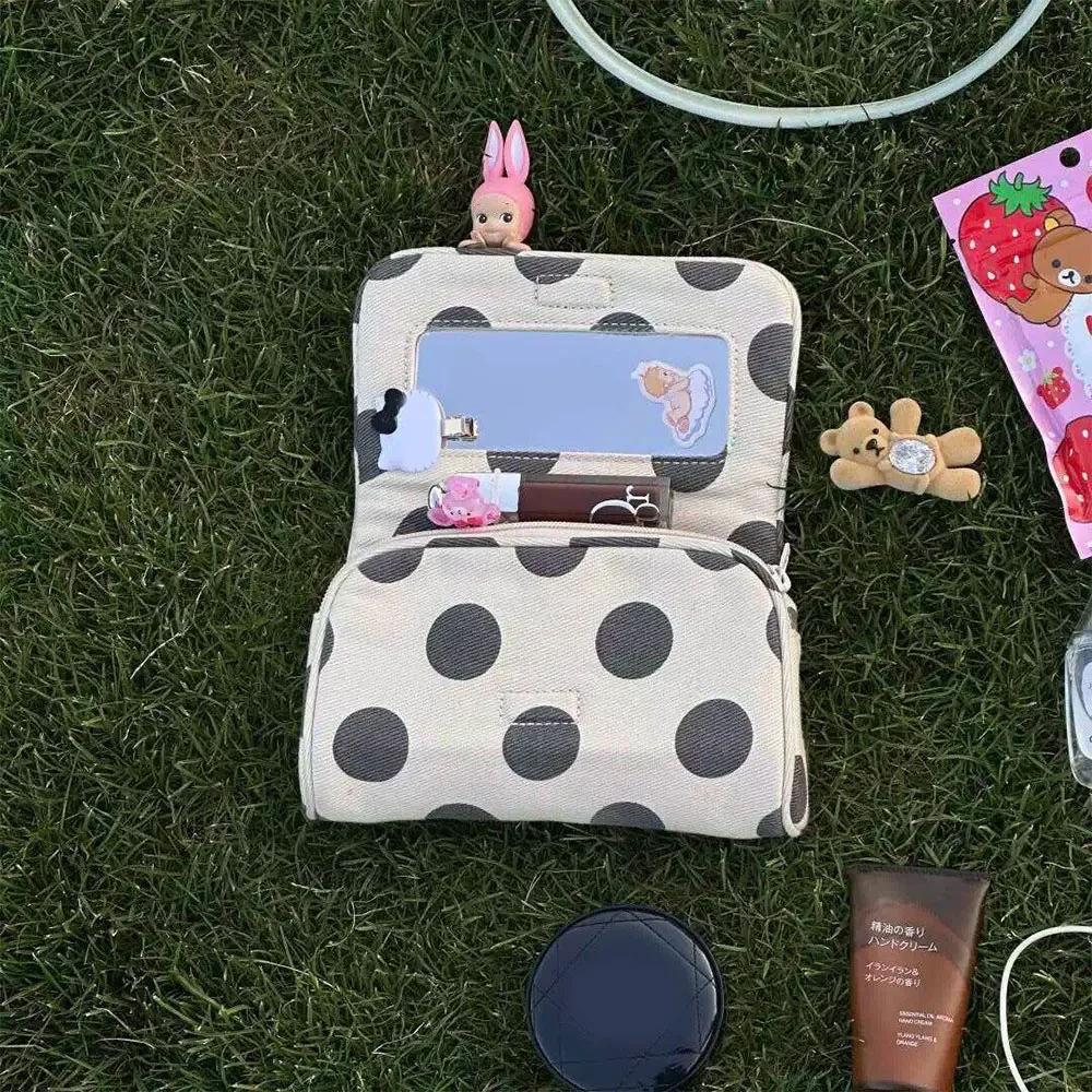 sac cosmétique portable en toile à pois, rayures roses, grande capacité, sac pour petits objets, multifonctionnel avec miroir de maquillage, organisateur de voyage